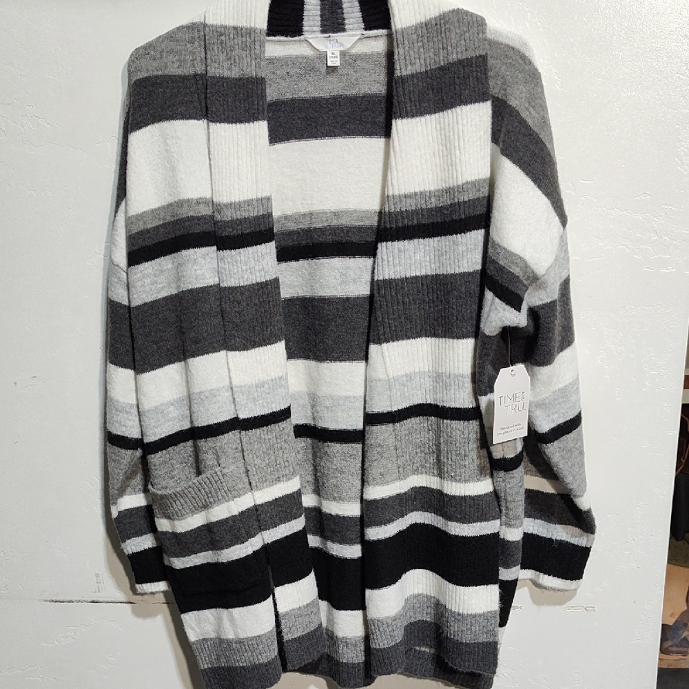 Women's Striped Cardigan- Black, Gray, and White,XL,New With Tags,Extremely Soft